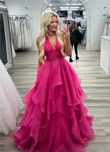 Women's Tiered Puffy Tulle Prom Dresses 2025 Pleated Backless Ruffle Halter Princess Ball Gown2