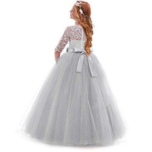 Image of Girls Flower Vintage Floral Lace 3 /4 Sleeves Floor Length Dress Wedding Party Evening Formal Pegeant Dance Gown