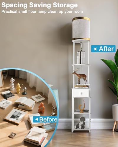 Image of Lightdot 65IN Floor Lamps with Storage Table&Drawer, Corner Shelf Lamps with White End Table and Fabric Shade, Modern Standing Tall Lamp for Living Room /Bedroom /Sofa Beside /Corner Decor(Bulb Included)