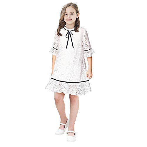 Sunny Fashion Girls Dress Lace Wave Hem Off White Elegant 3/4 Sleeve Size 5-102