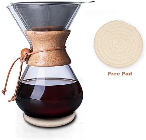 QLESHINING Wood Neck Pour Over Coffee Maker with Permanent Filter and Coaster Pad(400ml) Transparent