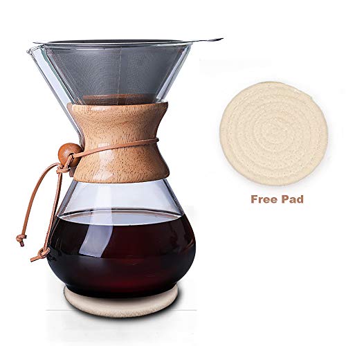 QLESHINING Wooden Neck Pour Over Coffee Brewer with Reusable Stainless Steel Filter and Coaster Pad, 800 ml Borosilicate Glass Coffee Carafe, Timber Collar, Coffee Dripper Brewer, Holds 4 Cups - Image 6