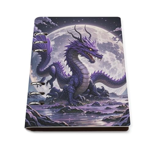 Cuaderno A5 de anillas con diseño de dragón morado y cubierta de piel sintética