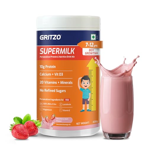 Image of Gritzo SuperMilk Growth+ (7-12y Boy), Strawberry Swirl, 400g | 10g Protein with 20 Vitamins & Minerals | Zero Refined Sugar