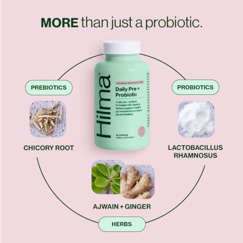 Image of Hilma Pre and Probiotic with Herbs, 60 Vegan Capsules | Herbal Digestive Support, Prebiotics and Probiotics, Chicory Inulin, Ginger, Ajwain, Gas and Bloating Relief for Women & Men