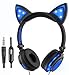 Auriculares de Gato para niñas y niños, LED Intermitentes con micrófono en la Oreja Universal con Cable estéreo de 3,5 mm para Ordenador, Tableta, teléfonos móviles (Azul)