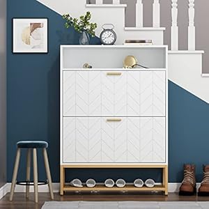 Loomie Shoe Cabinet, Free Standing Tipping Bucket Shoe Rack Organizer with 2 Flip Drawers,Entryway Narrow Shoe Storage with Storage Shelf & Top Cubby,Modern Slim Hidden Shoe Cabinet with Doors, White Loomie Shoe Cabinet Free Standing Tipping Bucket Shoe Rack Organizer with 2 Flip DrawersEntryway Narrow Shoe Storage with Storage Shelf Top CubbyModern Slim Hidden Shoe Cabinet with Doors White