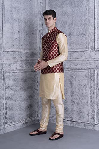 Image of Ethluxis Men's Silk Blend Navy Kurta Pyjama Set with Bundi Nehru Jacket Waistcoat
