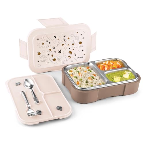 Image of MILTON Bravo 3 Inner Stainless Steel Tiffin Box for School, 3 Partition, Steam Release Plug| PU Insulated, Leak-Proof, Food Grade I Lunch Box for Kids Boys, Girls with Snap Lock Lid, 600 ml, Ivory