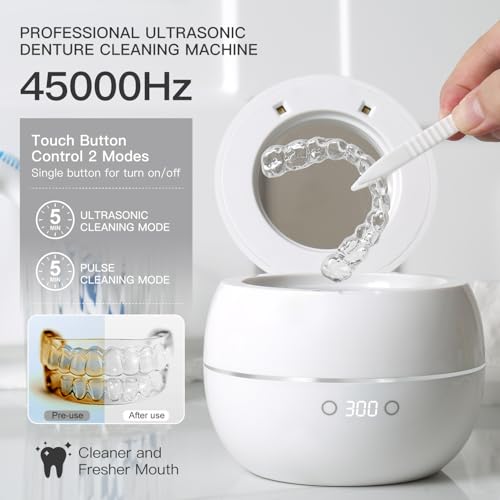 Image of Dental Ultrasonic Retainer Cleaner Machine: 45kHz Dental Cleaning Pod for Denture, Aligner, Mouth Guard, Night Guard, Braces & Jewelry, UV Denture Cleaner with Digital Timer & Dual Mode 250ML White