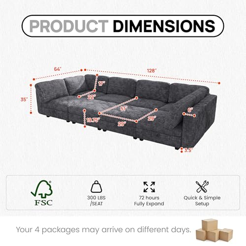 Image of 128 inch Modular Sectional Chenille Sofa bed with Hidden Storage, Comfy Modern 8 Seater Oversized Deep Seat Couch, Modular Sectional with Ottoman and Removable Cover for Living Room, Apartment, Gray