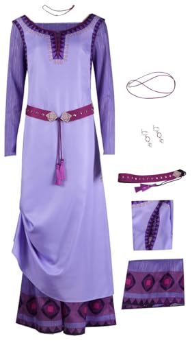 Vioyrie Adult Wish Asha Cosplay Costume Princess Asha Purple Dress Suit Halloween Stage Outfit Party Gown Earrings Set (Purple Small)
