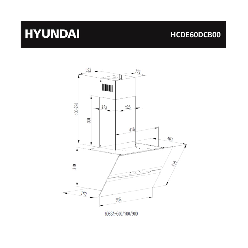 Hyundai Campana Extractora Decorativa Inclinada 60cm, Cristal Negro, HCDE60DCB00. Potencia 831m3/h, 3 Velocidades, 2 Filtros, 64 dB Nivel Sonoro, Control Táctil, Filtros aptos para Lavavajillas