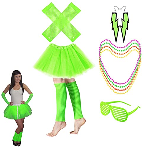 Gereton Ensemble d'accessoires de déguisement de fête des années 80, Comprenant Un Collier Fluo, Lunettes, Boucles d'oreilles, Gants, jambières, Jupe, des Accessoires de fête pour Filles et Femmes Cover