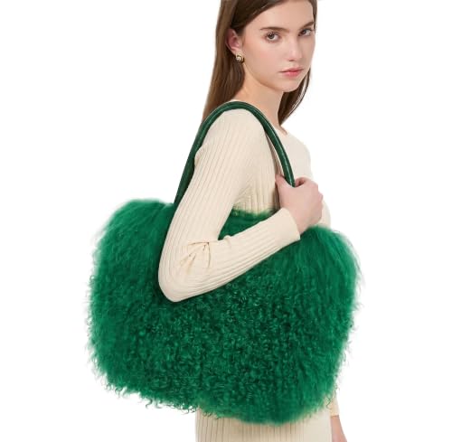 Image of Women Luxury Real Lamb /Mongolian Flush Wool Fur With Genuine Leather Handles Handbag