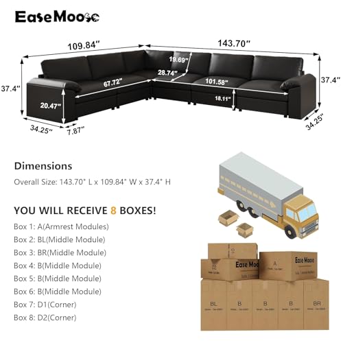 Image of EASE MOOSE Leather Sectional Couch, Oversized Modular Sectional Sofa, Classic Wide Deep Seat Modular Couch, Scratch Resistant Faux Leather Material, L Shaped Sofas for Living Room, Black