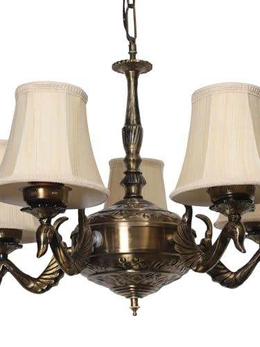 Image of Devansh 05-Light Conical Off-White Cotton Shade Chandelier - Antique Golden Finish | Adjustable Cord | Warm Glow Lamp - Ceiling Light for Living Room, Dining Area, Bedroom & Entryway Decor - D3