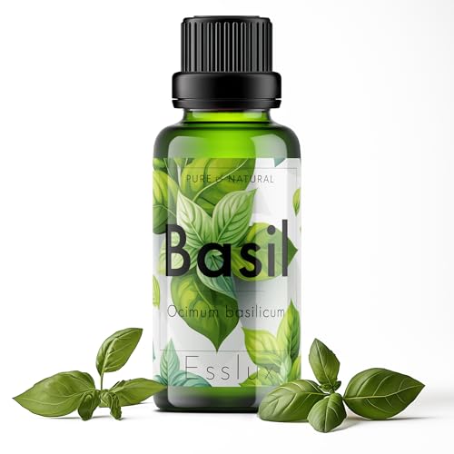 Image of Esslux Basil Essential Oil for Diffusers - 100% Pure & Natural Basil Oil for Skin Care, Aromatherapy, Massage, and Candle Making - Fresh, Herbaceous Scent for DIY, Fragrance, and Relaxation, 120ML