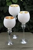 Farbe: weiss-gold condecoro Kelch, Glas-Windlicht - Teelichthalter edle Glasform, Weiss-Gold 3er Set