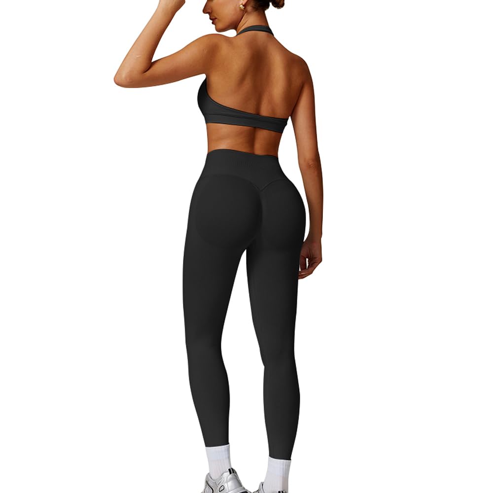 JN JANPRINT Nahtlose Fitness-Sets für Damen, 2-teilig, Neckholder, rückenfrei, Sport-BHs, versteckte Scrunch-Leggings, Yoga-Outfits, Workout-Trainingsanzug