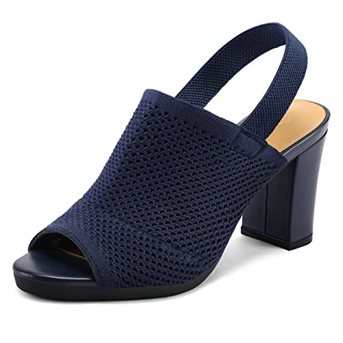 mysoft Womens Knit Chunky Block High Heels Elastic Slingback Open Toe 3 Inch Heeled Sandals Navy 8.5 US