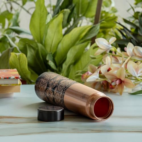 Image of INDIAN ART VILLA Pure Copper Antique Dark Embossed Design Bottle, 800 ML Capacity, Ayurvedic Health Benefits, Stylish Traditional Drinkware for Home, Office, Gym, Travel & Gifting