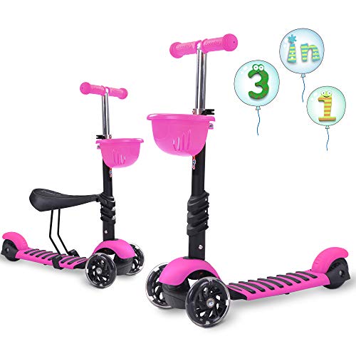 Mini Scooter 3 Wheels Kick Scooter Adjustable Height & Seat 3 in 1 for Girl Boy (Pink-)