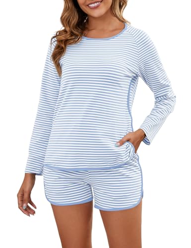 Cotton Pajama Sets for Women Soft 2 Piece Stripe Lounge Set Long Sleeve Shorts Pjs Loungewear Sleepwear with Pockets