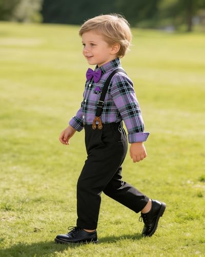 Image of SANGTREE Boys Gentleman Clothes Set, Short Sleeve Shirt with Bowtie + Suspender Pants Outfit, 3 Months - 6 Years