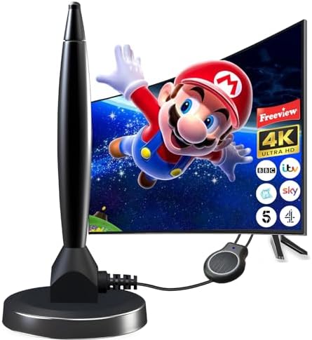 TV Aerial - TV Aerial Indoor with 280+ Miles Long Range & 360° Reception - 4K Digital TV Antenna with Signal Booster & 16.4 ft Coax Cable for Freeview Local Channels