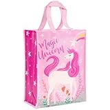 Loveinside Unicorn Reusable Gift Bag, Pink Magic Unicorn and Stars Design Medium Recycled Pink Gift Bag for Girls, Kids, Birthday, Baby Shower, Party Favor, 10' x 5' x 13', 1 Pcs