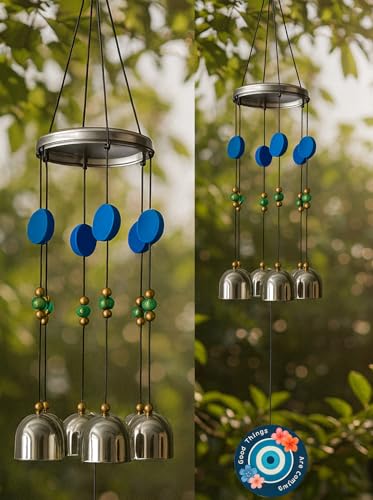 Image of Paradigm Pictures inchGood Things are Coming Evil Eye Wind Chime | Positive Energy Home Decor Hanging | 7 Metal Bells for Balcony, Garden & Diwali Gift inch