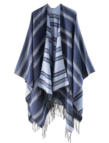 Women's Tassel Open Front Poncho Cape 51.2 x 61'' Reversible Winter Warm Shawl Wrap Printed Poncho Cardigan for Women