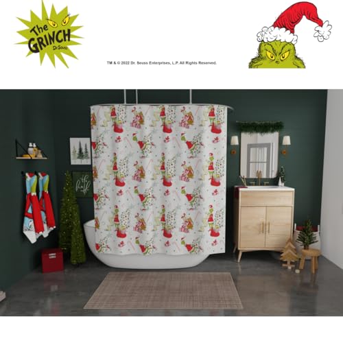 Image of Grinch Holiday Christmas 13-Piece Shower Curtain Set, 72 x 72 Inch Fabric Curtain with Hooks, Bathroom Decor, Machine Washable, (100% Officially Licensed Product) by Franco Collectibles