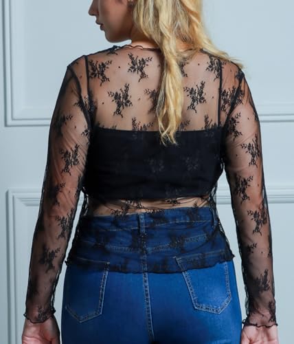 Lastshe Womens Plus Size Mesh Sheer Tops Lace Long Sleeve Sexy Shirts Mock Neck Outfits See Through Clubwear Blouses3