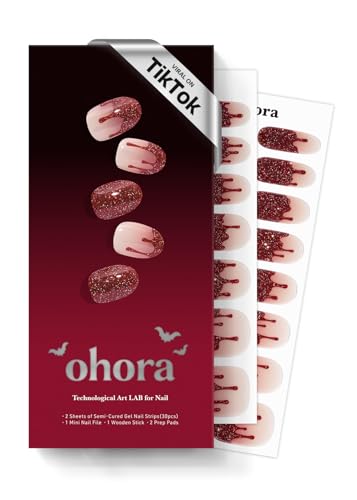 Image of ohora Semi Cured Gel Nail Strips (N Candy Blood) - Works with Any Lamps, Salon-Quality, Long Lasting, Easy to Apply & Remove - Includes 2 Prep Pads, Nail File & Wooden Stick