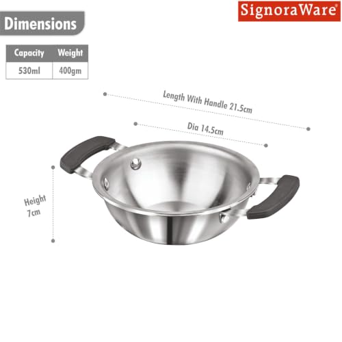 Image of SignoraWare Artista Triply Stainless Steel Cookware Mini Kadhai,(13cm, 530ml), Ideal for Pakoras, Saute Vegetables, Aloo Fry or Small Portions of Fritters, Best for Frying & Roasting Spices