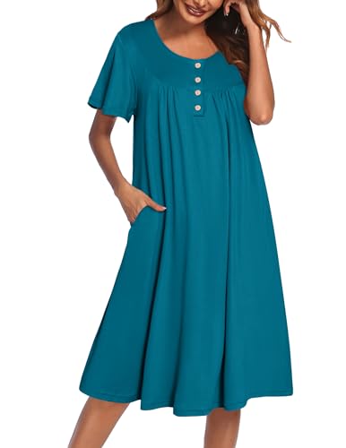 Ekouaer House Dress for Women with Pockets Short Sleeve Moo Moos Plus Size Nightgowns Floral Print Mumu Dresses Blue Green Medium