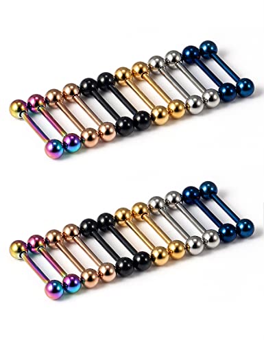 Oufksiyy 24pc 14G 16G Mixed Color Surgical Stainless Steel Straight Barbell Tongue Rings Bars Piercing 5/8
