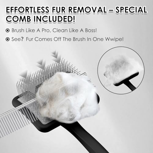 Image of Large Dog 3 in 1 Grooming Kit, Extra Long Pin Slicker Brush, Black | Ideal for Goldendoodles, Doodles; premium wooden handle; dog undercoat rake; removing thick mats; tangle deshedding.