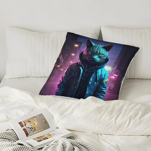 QBIREX Cat Cyberpunk Neon Art Throw Pillow Gifts for Kids Travel Hypoallergenic Dust Superking Pillow Cases 45x45cm - Image 3