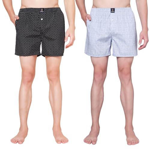 Image of Urban Scottish Men's Pack of 2 Cotton Printed Boxers with Side Pockets