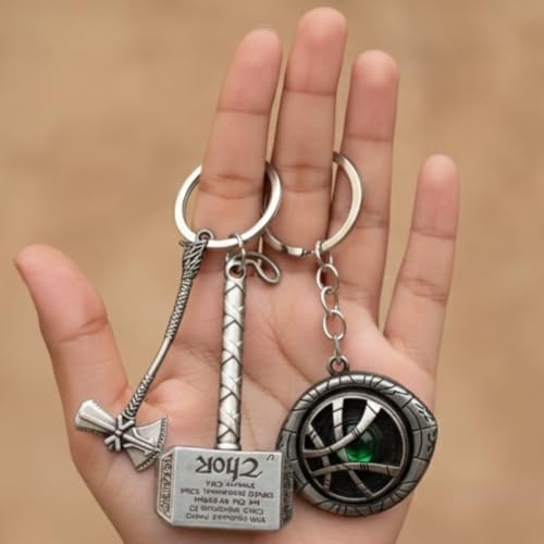Image of MARVEL THOR Metallic SILVER Hammer,Stormbreaker /Axe & DR STRANGE,CAPTAIN AMERICA SHIELD Spinning KEYCHAIN,Heavy Quality Metal,Combo Pack for Kids Men Women Car Bike Home