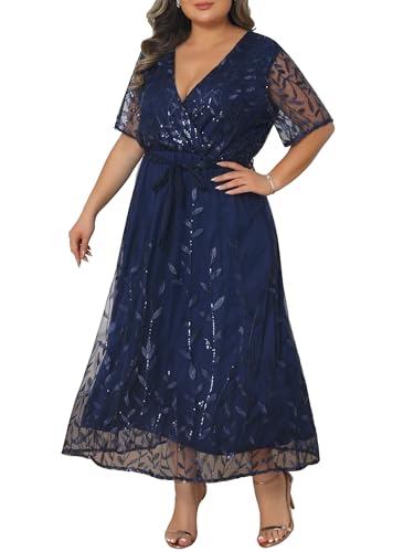 Image of Agnes Orinda Plus Size Wedding Guest Dress for Women Sequin Wrap V Neck Midi Cocktail Party Prom Long Dress 3X Navy Blue