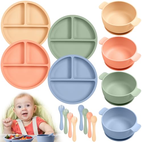 Image of Domensi 12 Pcs Silicone Feeding Set, Divided Suction Plate and Bowls with Suction, Spoons and Forks for Baby Led Weaning Supplies(Lovely Color)