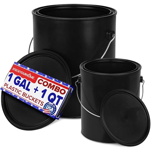 1 Quart & 1 Gallon Plastic Paint Buckets (2 Pack Combo) Triple-Lock Airtight Seal to Minimizing Skimming Rust Odor & Chemical Resistant- (1x 32 Fl Oz & 1x 128 FLoz) Plastic Paint Can + Snap On Lid