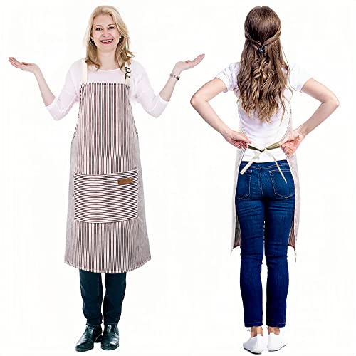 2 Pack Apron, Cotton Cooking Kitchen Aprons, Adjustable Bib Apron With 2 Pockets For Men Women Chef Aprons,(Black/Brown Stripes) #TOP6