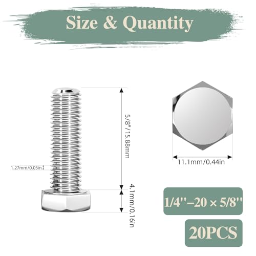 Image of 1 /4 inch-20 x 5 /8 inch Hex Head Screw Bolt, 20Pcs Stainless Steel 304 (18-8), Fully Threaded Bolts, Plain Finish