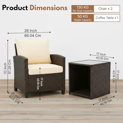 Image of DEVOKO Outdoor Wicker 3-Piece Patio Furniture Set with All-Weather Cushions & Rust Resistant Metal Frame UV-Resistant Furniture Design Perfect for Garden Balcony(Dark Brown & Cream)
