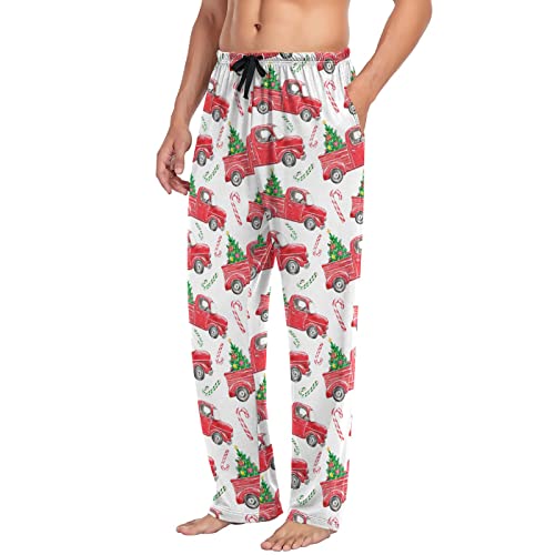 Festive Christmas Red Truck Vintage Car Winter Holiday Pajama Pants Mens Lounge Pants Straight-Fit Men Pajama Bottoms With Drawstring & Pockets Size Xl #TOP4